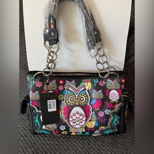 NWT Cowgirl Trendy Owl Print Western Boho Shoulder Bag Purse Black Multicolor